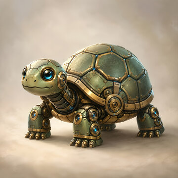 AI-generated whimsical illustration of a small robotic turtle with brass mechanical armor, articulated legs and glowing technological details on a clean neutral background.