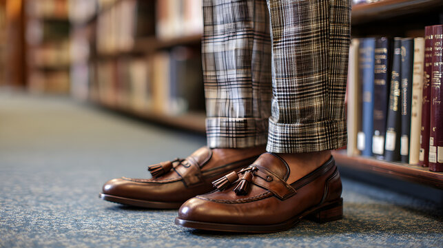 Brown leather loafers on feet in library
