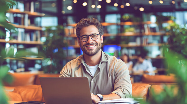 Smiling man with glasses working on laptop in cozy modern cafe with warm lights
