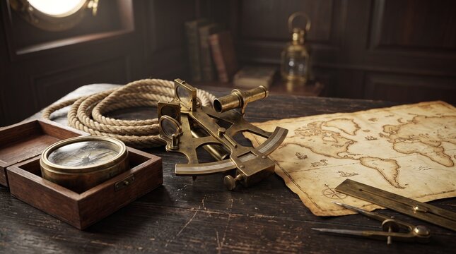 Antique nautical instruments on a vintage map for Columbus Day  