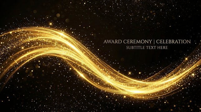 Elegant Golden Wave with Sparkling Glitter and Bokeh Lights on Black Background for Award Ceremony, Gala, and Luxury Celebration Banner