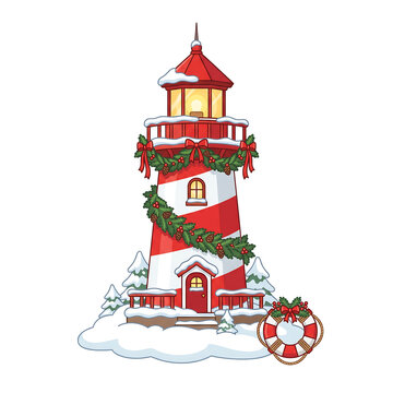 Isolated Christmas lighthouse with red stripes, snow, and festive wreaths for holiday decor