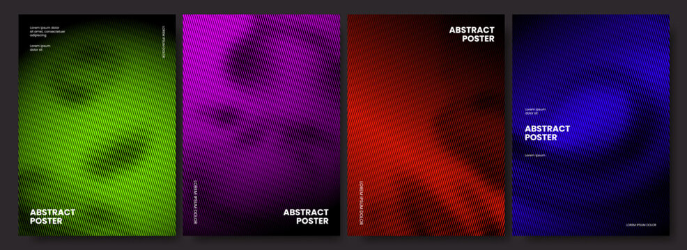 Abstract line gradient poster templates set. Vector diagonal line gradient patterns in green, purple, red and blue for modern editorial design.