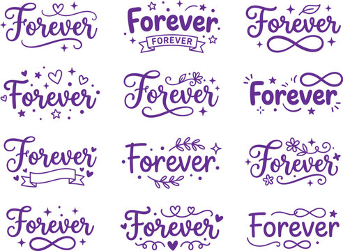 Collection of twelve different forever word designs with decorative flourishes and infinity symbols for romantic projects