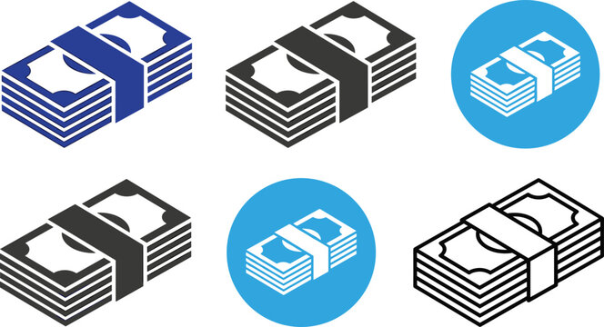 Isometric money stack vector icon set with bundled paper banknotes for financial investment and banking concepts