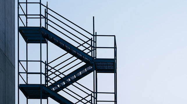 Industrial metal fire escape staircase attached to a modern commercial building exterior against clear sky, structural architectural design