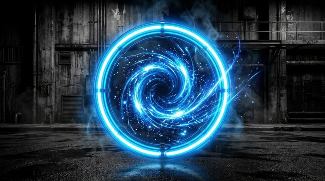 Glowing blue neon energy portal and spiral vortex in a dark industrial urban alleyway, cinematic sci-fi background