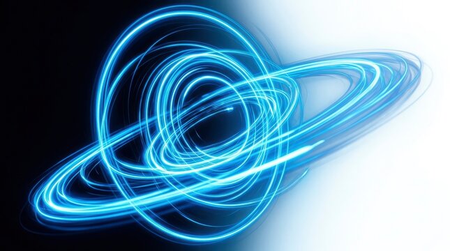 Abstract blue neon light trails forming an orbital sphere and rings on a split black and white background