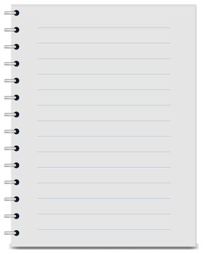 Spiral notebook with lined paper and metal wire binding, blank notepad page illustration isolated on transparent background with copy space for education, office, or journaling mockup.