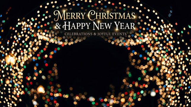 Merry Christmas and Happy New Year Festive Background with Colorful Bokeh Lights and Elegant Gold Typography