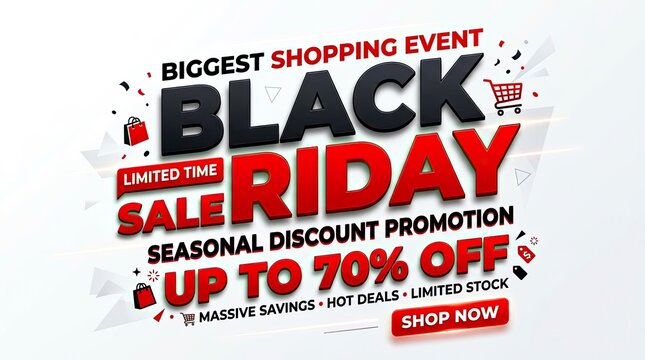 Black Friday Sale Promotion Banner with 3D Text and Up to 70 Percent Discount Offer on White Background