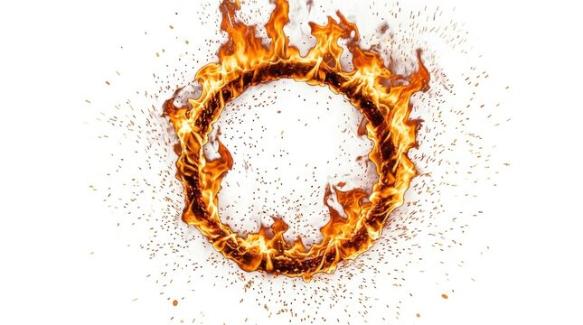 Ring of fire with burning orange flames and flying sparks isolated on a white background