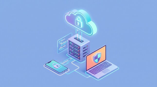 3D isometric illustration of cloud computing and data security concept