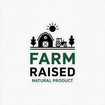 Farm raised natural product logo with barn and tractor