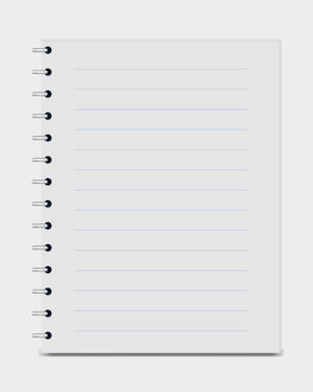 Blank lined spiral notebook page vector illustration with blue lines, metallic binding rings, and drop shadow over a neutral light gray background with copy space for writing and notes