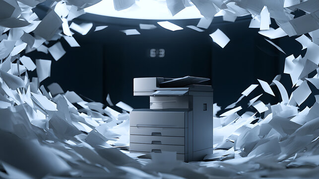 A modern office printer surrounded by a chaotic flurry of flying white paper sheets in a dark workspace, symbolizing heavy workload