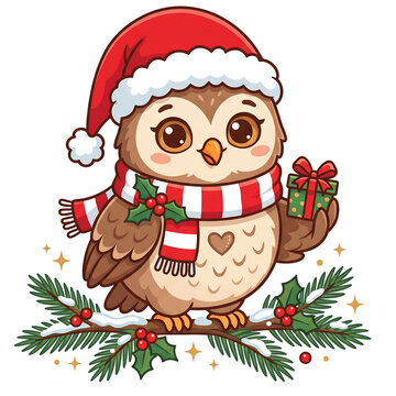 Cute cartoon owl in Santa hat holding Christmas gifts with festive holly branch isolated on transparent background