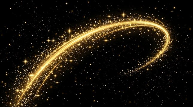 Abstract Golden Sparkling Light Trail with Magic Glitter Dust and Stars on Black Background
