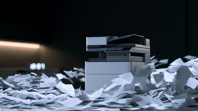 Modern office printer surrounded by a massive chaos of scattered white paper sheets, symbolizing bureaucrat overload and heavy paperwork. x