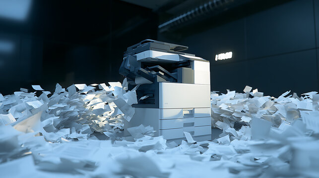 Modern office printer surrounded by piles of discarded white paper document sheets in a corporate work environment, overload and stress
