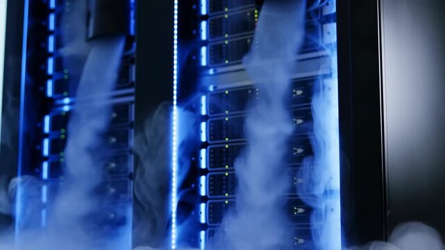 Dense white vapor drifts and rises across illuminated server racks, partially obscuring dark equipment cabinets while blue vertical lights and small indicator lamps remain visible