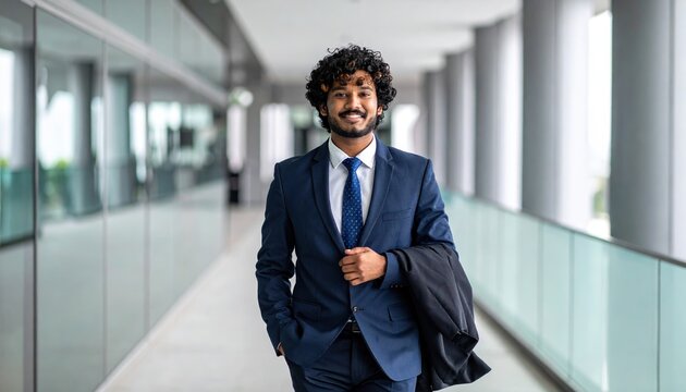 Successful entrepreneur walking in corporate building, confidence and achievement concept