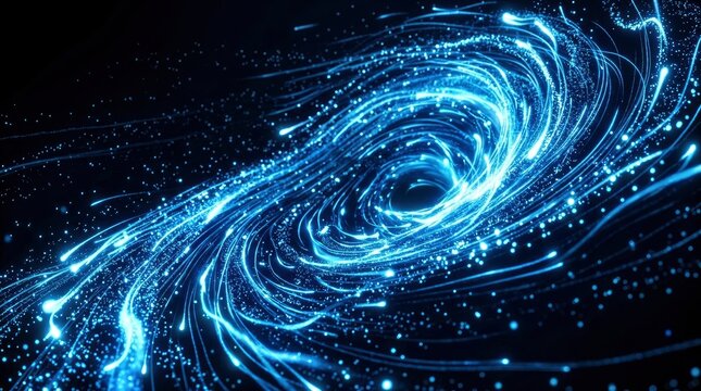 Abstract swirling blue light particles and glowing streaks forming a cosmic vortex or digital data flow on a dark background