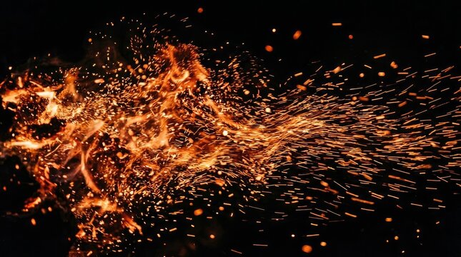 Dynamic orange sparks and glowing embers flying against a black background, abstract fire explosion