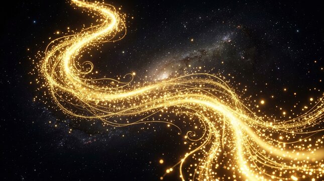 Golden Sparkling Light Trails Swirling in Deep Space Galaxy Background
