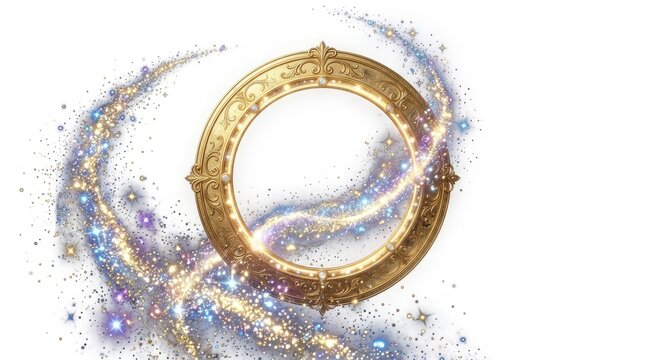 Ornate round gold frame with magical sparkling dust trails and glitter on white background. Elegant vintage frame with fantasy stardust effect.