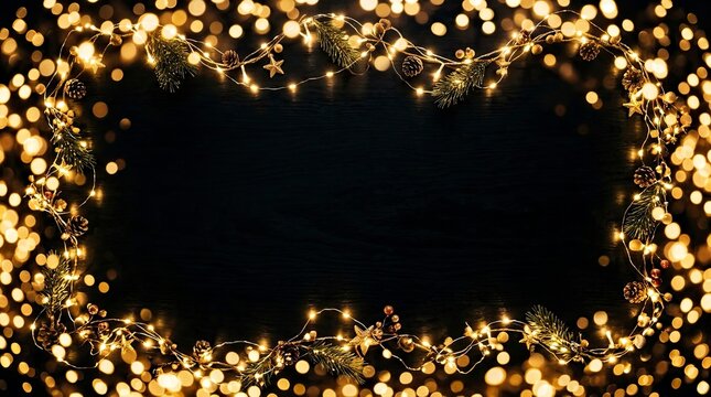 Christmas Border Frame with Warm String Lights, Pine Cones, and Evergreen Branches on Dark Background with Copy Space