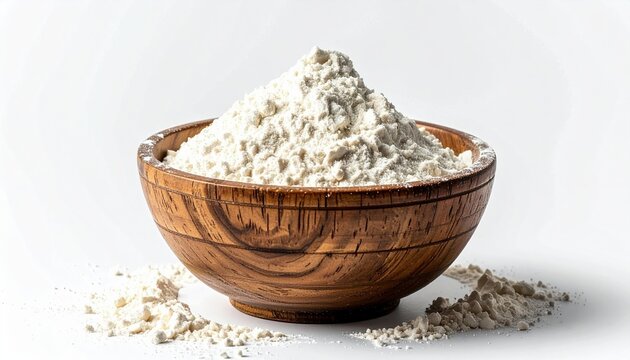 Bowl of wheat flour isolated on white background, baking ingredient, fine texture, minimal composition