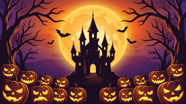 Spooky halloween background featuring a haunted castle silhouette with glowing jack o lanterns and a full moon