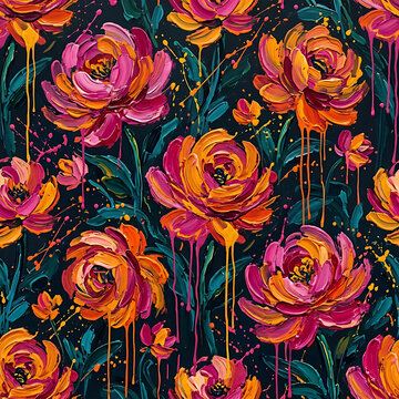 Abstract oil painting floral seamless pattern with dripping paint and colorful flowers vector illustration