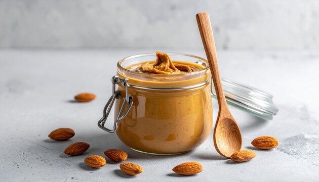Glass jar with almond butter and wooden spoon on light gray background, creamy nut spread, healthy breakfast concept