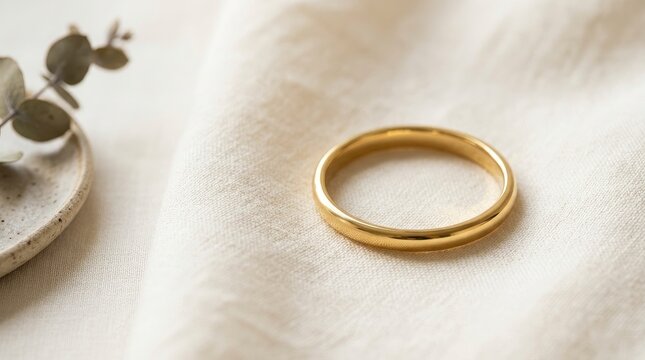Elegant Gold Wedding Band Resting on Soft Linen Fabric with Minimalist Aesthetic