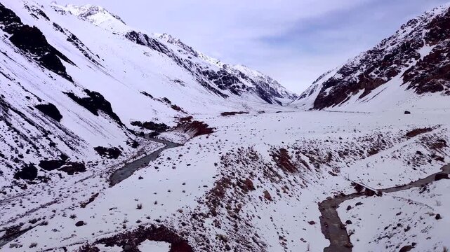 Mendoza river running across snow covered Andes mountains in Mendoza, Argentina. Aerial view.