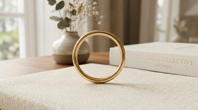 Minimalist Gold Bangle Bracelet Displayed on a Textured Cream Surface in an Elegant Home Interior