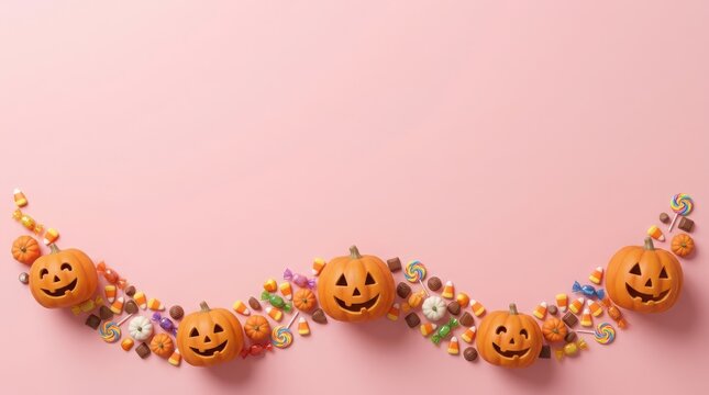 Smiling jack o lanterns with candy and lollipops on pink background illustration