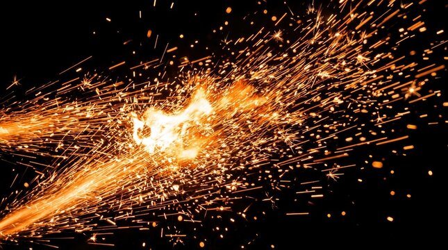 Bright orange sparks and fire particles flying through the dark background, capturing the intensity of welding or industrial grinding
