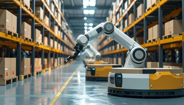 Automated warehouse with robots and packages, future commerce concept