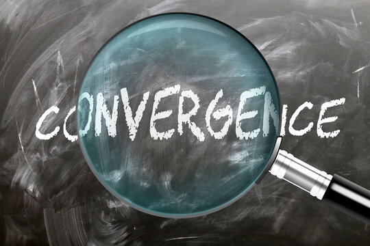 Convergence - learn, study and inspect it. Taking a closer look at convergence. A magnifying glass enlarging word 'convergence' written on a blackboard ,3d illustration