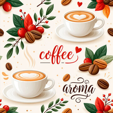 Seamless pattern with coffee beans and a cup