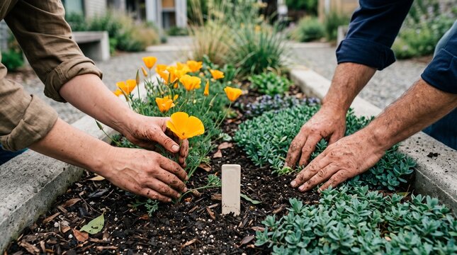 Hands tend a rain garden in saffron and teal
