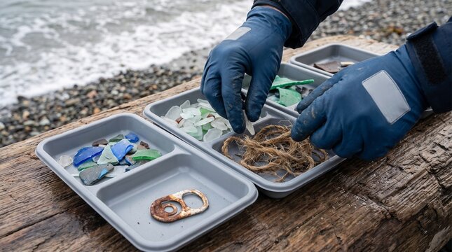 Hands classify coastal debris for material research