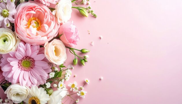 Bouquet of pastel flowers flat lay, romantic spring background, copy space,
