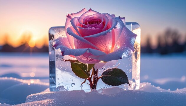 A crystal rose frozen inside ice, winter romance concept