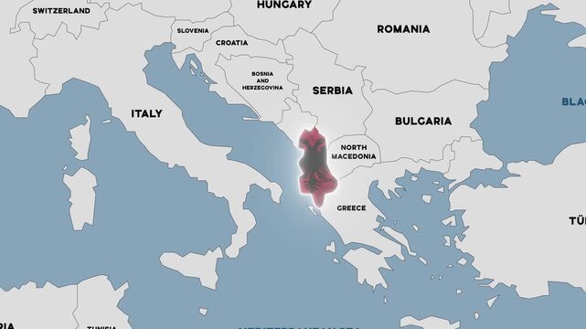 4K animation of a political map of Albania, with the country highlighted in the colors of the Albanian national flag.