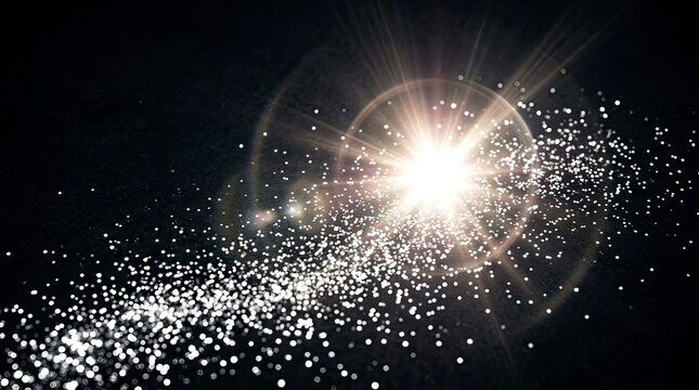 Abstract Sparkling Glitter Dust Trail with Bright Glowing Lens Flare on Dark Background for Celebration and Magic Concepts