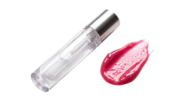 Clear lip gloss tube with silver cap, pink liquid lipstick smear, glossy makeup product for beauty branding and cosmetic advertising isolated PNG with Transparent Background